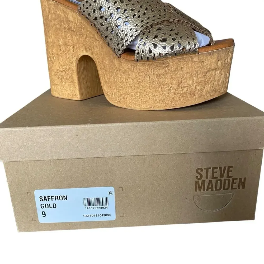 Steve Madden NWTs NIB Saffron Leather Lining Wedge Gold Platform Sandals size 9